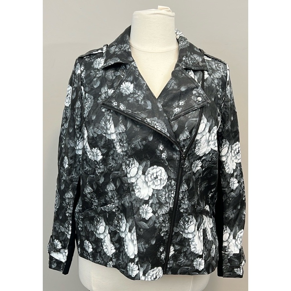 Lane Bryant Moto Jacket Black White Floral Vegan Leather Emma Biker Plus 18/20